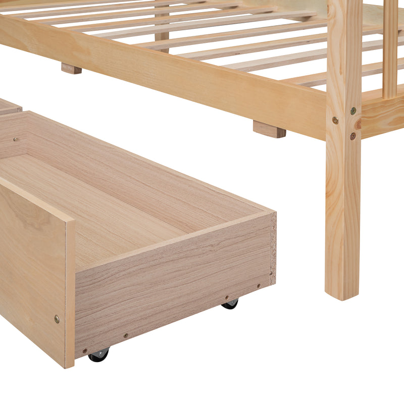 Twin Size Wooden House Bed with Drawers, Natural