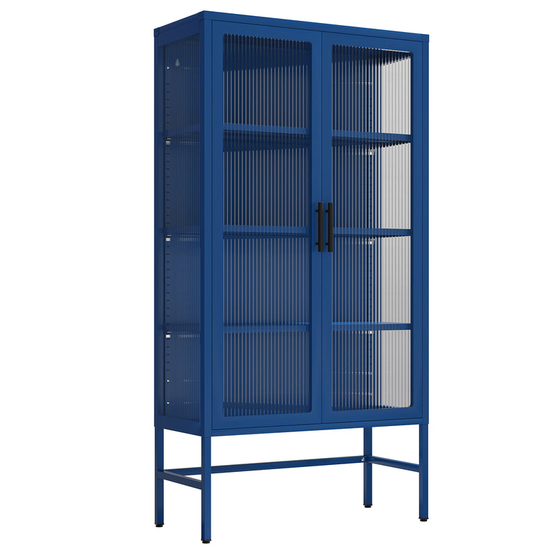 Double Glass Door Storage Cabinet with Adjustable Shelves and Feet Cold-Rolled Steel Sideboard Furniture for Living Room Kitchen BLUE