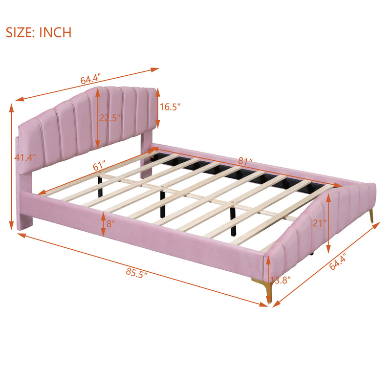 Queen Size Velvet Platform Bed with Thick Fabric, Stylish Stripe Decorated Bedboard and Elegant Metal Bed Leg, Pink