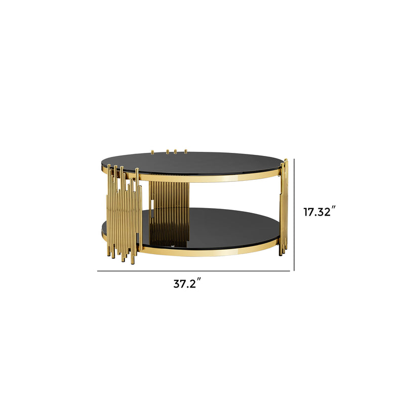 Double Layer Tempered Glass Top Stainless Steel Round Coffee Table For Living Room - Gold / Black