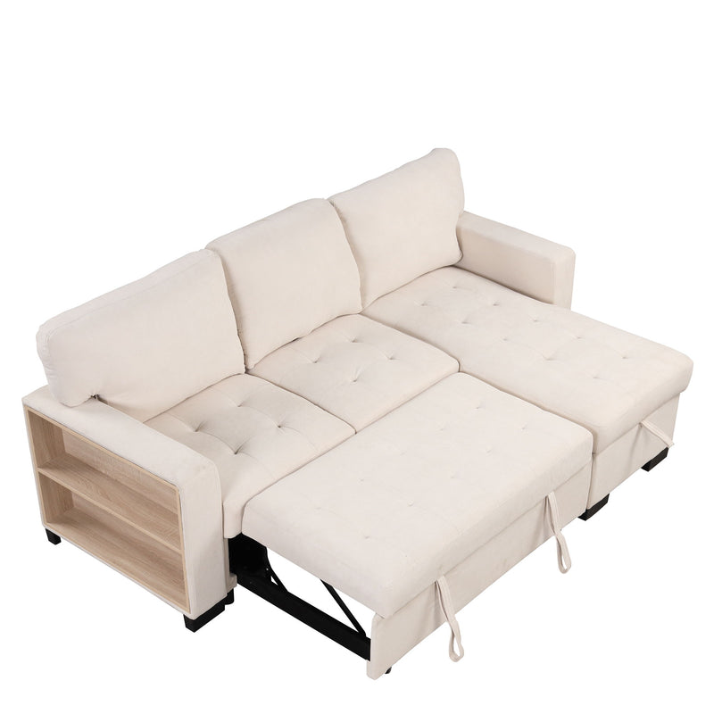 Stylish And Functional Light Chaise Lounge Sectional With Storage Rack Pull-Out Bed Drop Down Table And USB Charger