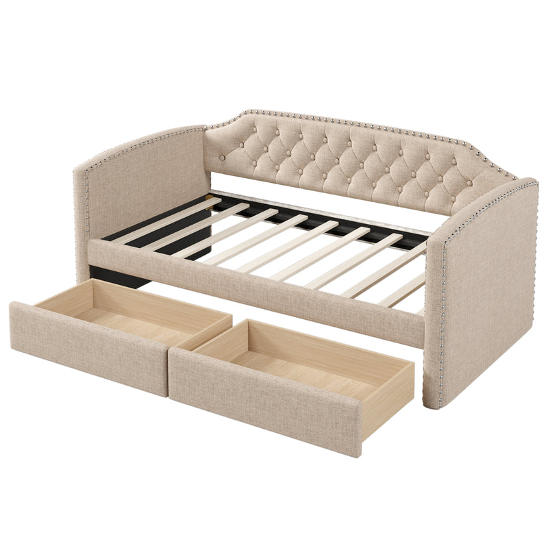 Twin Size Upholstered Daybed with Drawers for Guest Room, Small Bedroom, Study Room, Beige