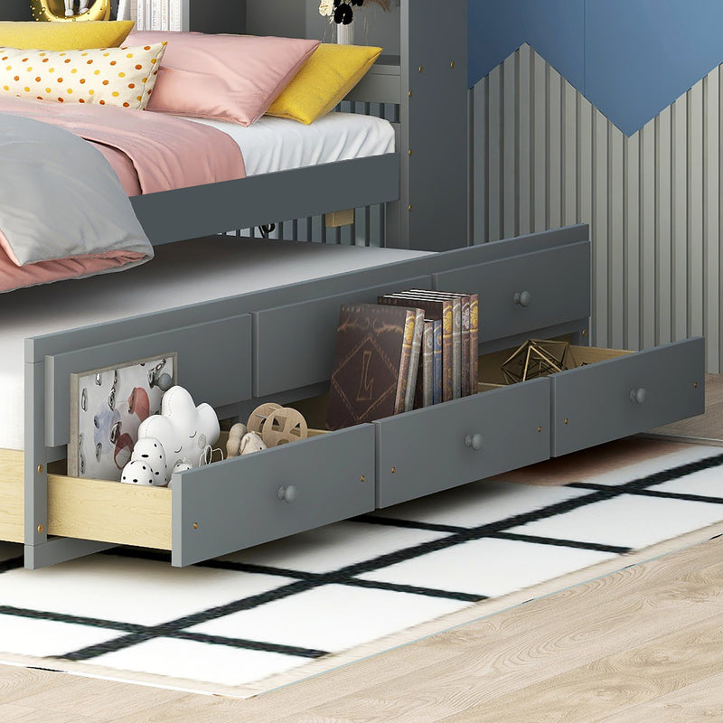 Twin Size Bed with  built-in USB ,Type-C Ports, LED light, Bookcase Headboard, Trundle and 3 Storage Drawers, Twin Size Bed with  Bookcase Headboard, Trundle and Storage drawers ,Grey