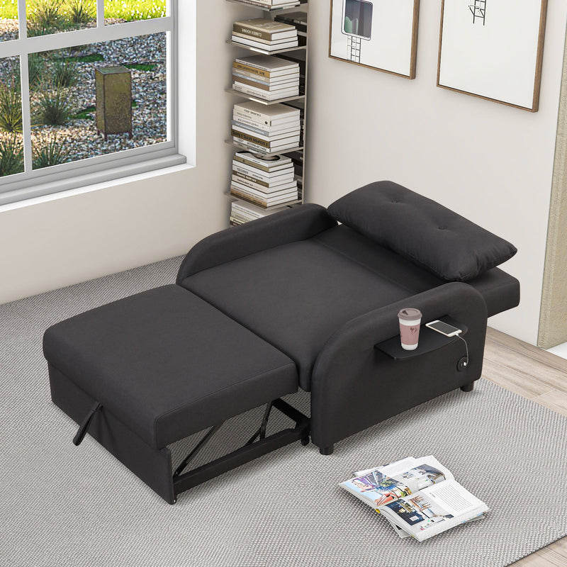 Pull Out Sofa Sleeper 3 In 1 With 2 Wing Table And USB Charge For Nap Line Fabric For Living Room Recreation Room