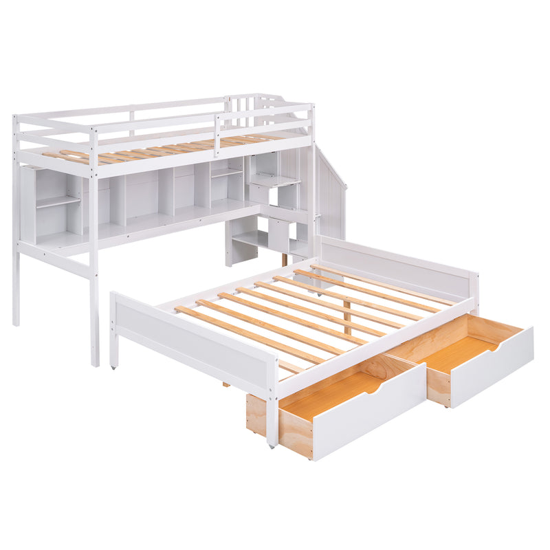 Twin XL over Full Bunk Bed with Built-in Storage Shelves, Drawers and Staircase,White