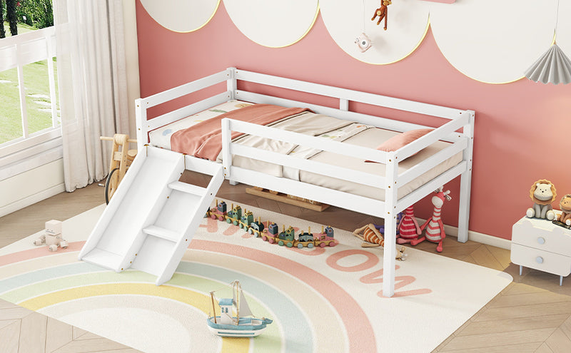 Twin Low Loft Bed with Slide,  Ladder, Safety Guardrails, No Box Spring Needed,White