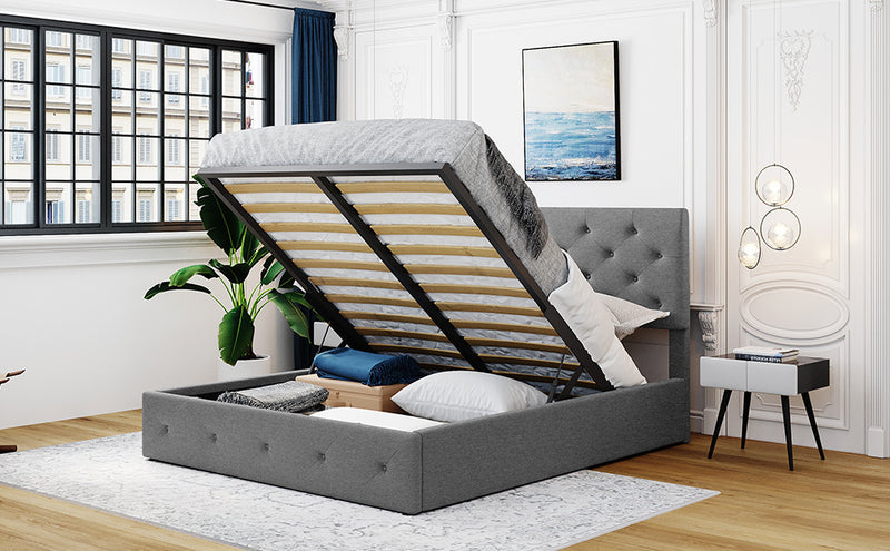 Queen size Upholstered Platform bed with a Hydraulic Storage System - Gray