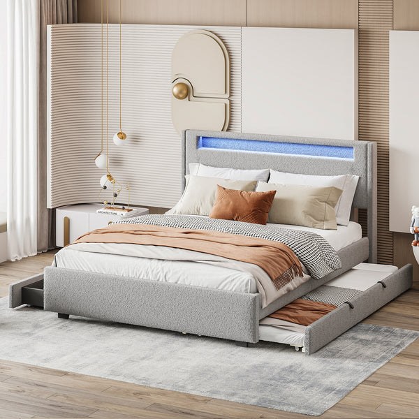 Queen Size Upholstered Platform Bed with LED Frame, with Twin  XL Size Trundle and 2 drawers, Teddy Fleece, Gray