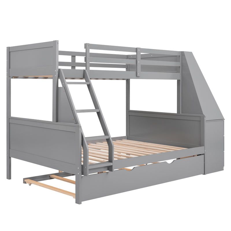 Twin over Full Bunk Bed with Trundle and Built-in Desk, Three Storage Drawers and Shelf,Gray