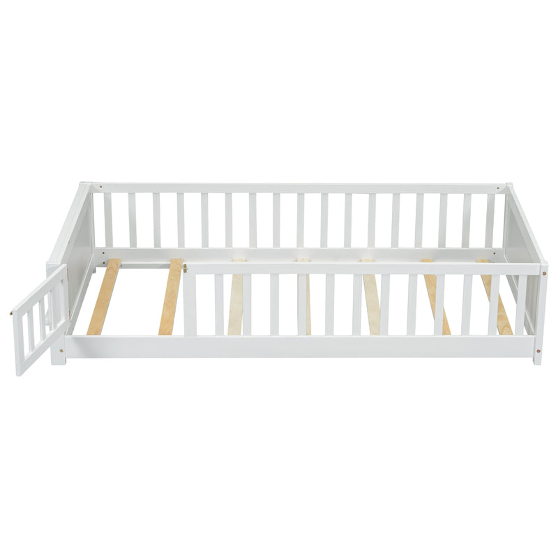 Twin size Floor Platform Bed with Built-in Book Storage Rack, Door,White