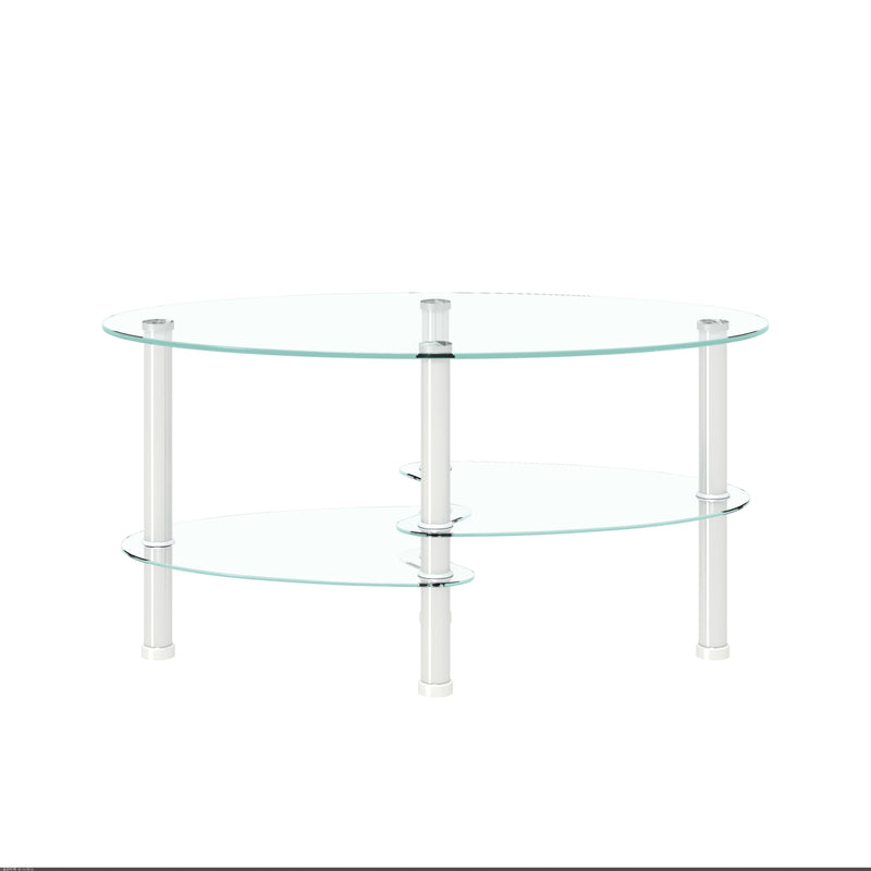 Transparent Oval Glass Coffee Table, Modern Table In Living Room Oak Wood Leg Tea Table 3-Layer Glass Table