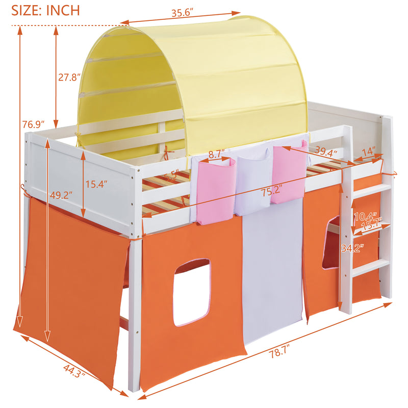 Twin Size Loft Bed with Tent and Tower  and  Three Pockets- Orange