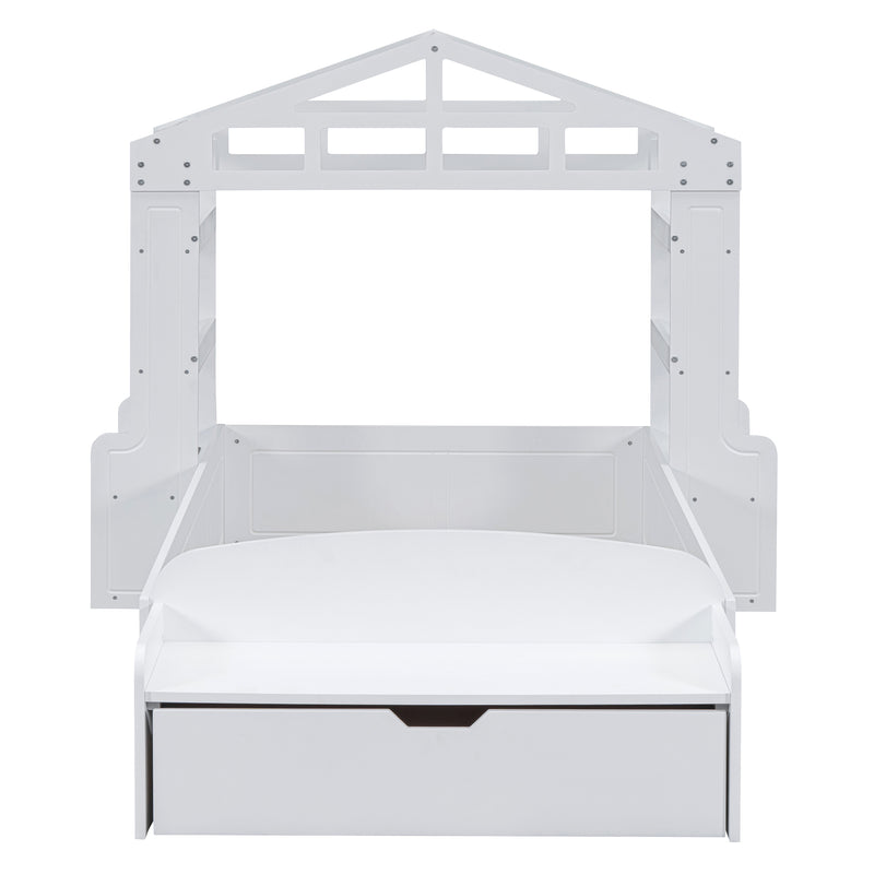 Twin Size House Bed with Bench, Socket and Shelves, White