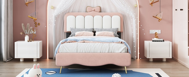 Twin size Velvet Princess Bed With Bow-Knot Headboard,Twin Size Platform Bed with Headboard and Footboard,White+Pink