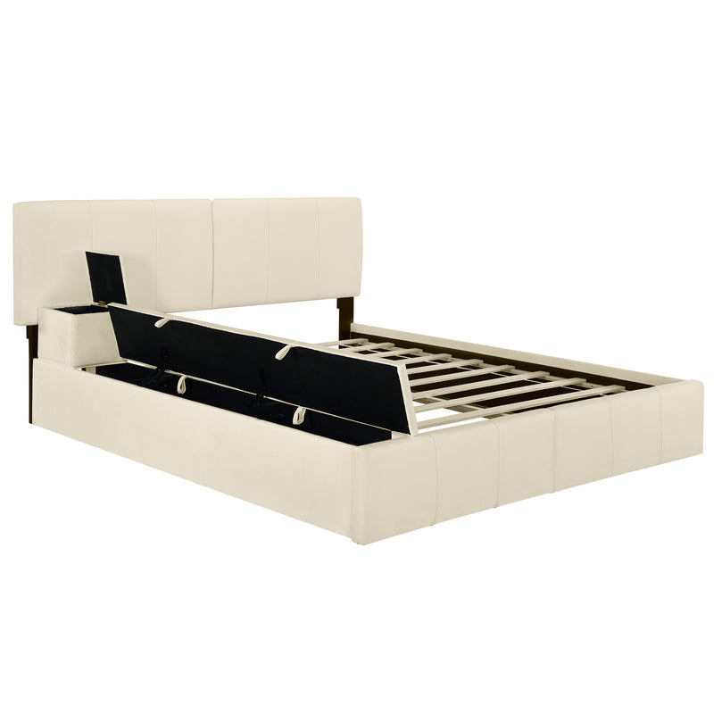 Queen Size Upholstered Platform Bed with Lateral Storage Compartments and Thick Fabric, Velvet, Beige