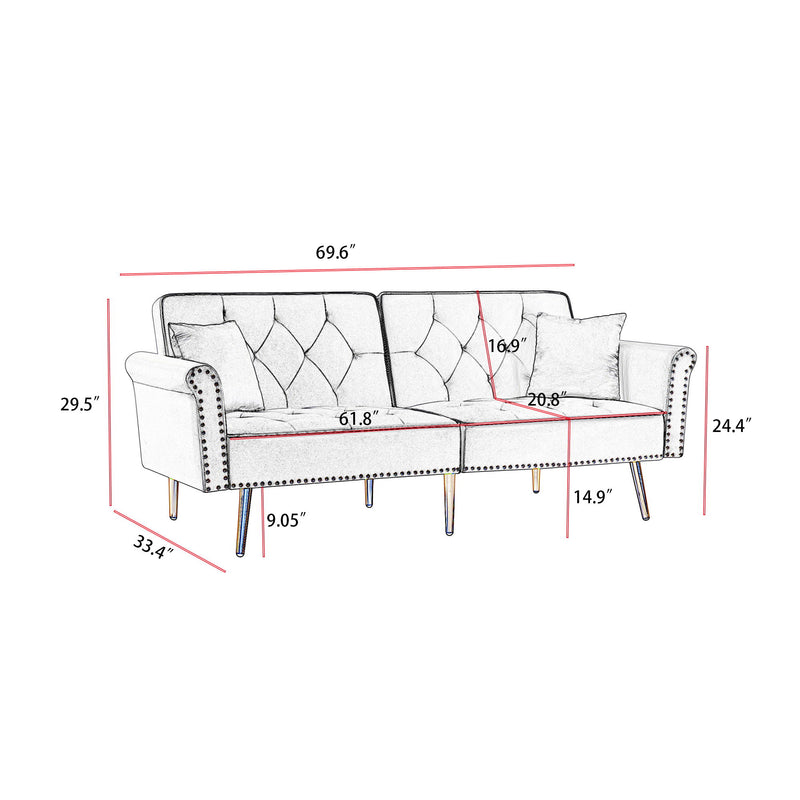 Velvet Tufted Sofa Couch With 2 Pillows And Nailhead Trim