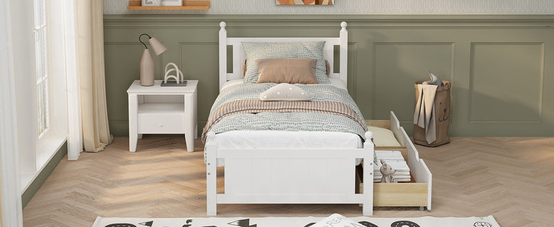 Twin Size Solid Wood Platform Bed Frame with 2 drawers for Limited Space Kids, Teens, Adults, No Need Box Spring, White