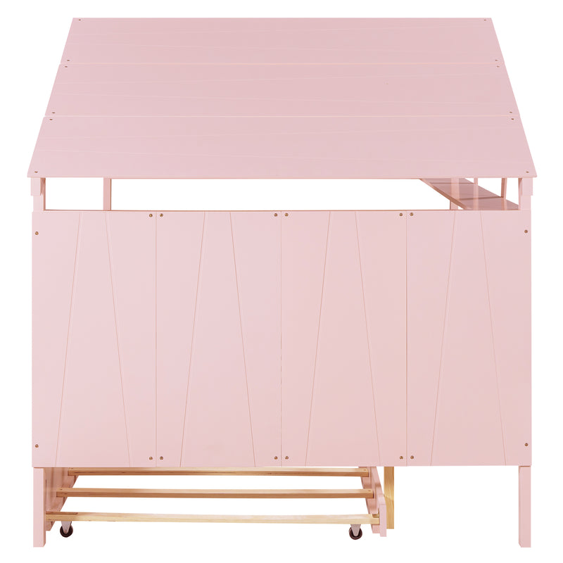 Wood Full Size House Bed with Twin Size Trundle and Storage, Pink