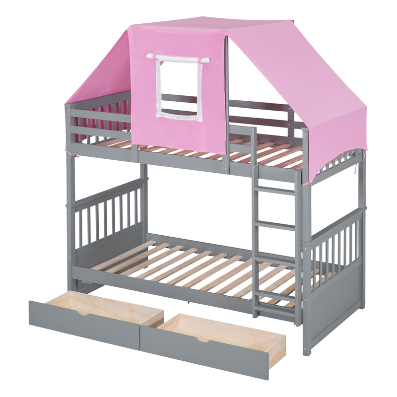 Twin Over Twin Bunk Bed Wood Bed with Tent and Drawers, Gray+Pink Tent