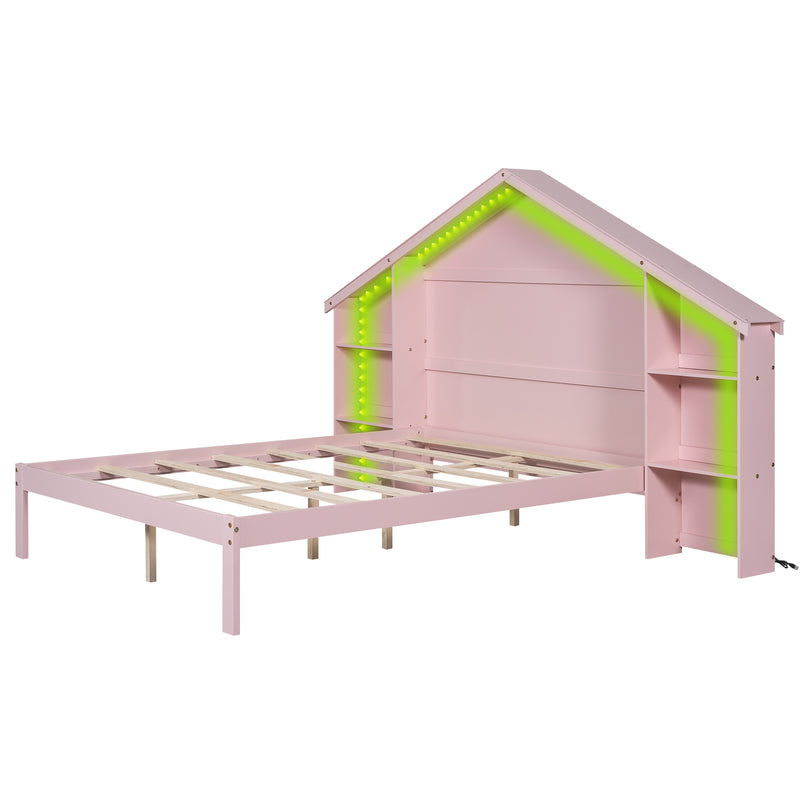 Wood Full Size Platform Bed with House-shaped Storage Headboard and Built-in LED, Pink