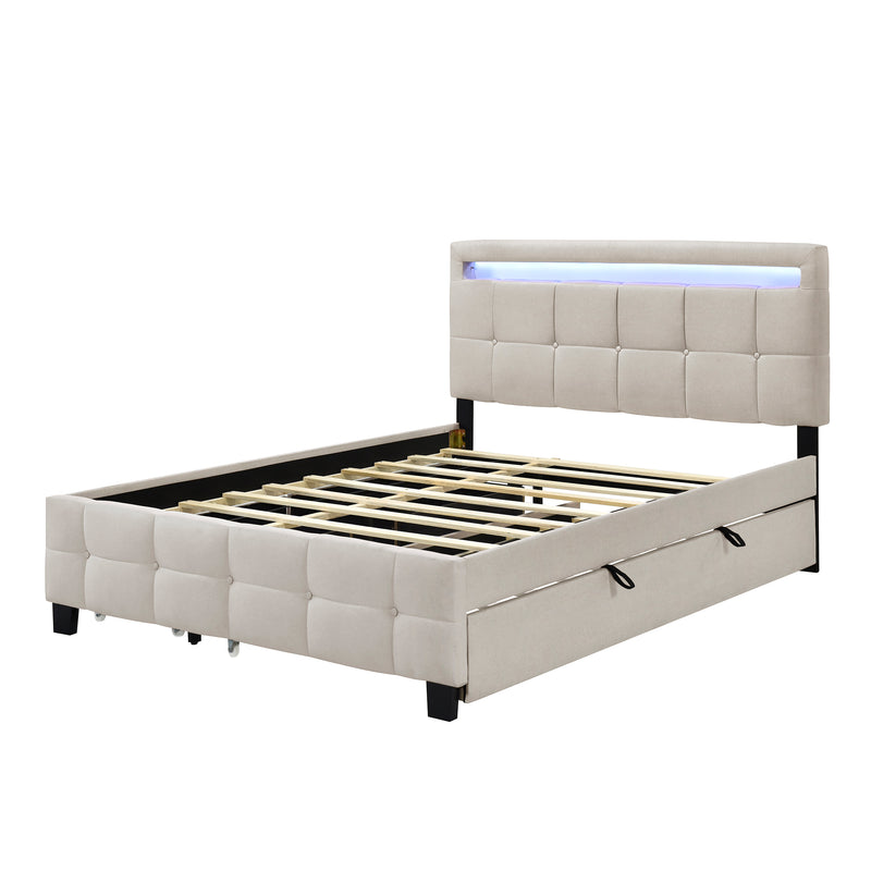 Queen Size Upholstered Platform Bed with LED Frame, with Twin XL Size Trundle and 2 drawers, Linen Fabric, Beige