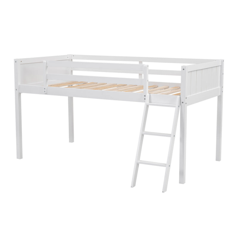 Twin Size Wood Loft Bed with Ladder, ladder can be placed on the left or right, White