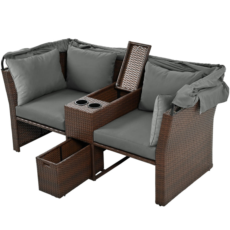 2 Seater Outdoor Patio Daybed Outdoor Double Daybed Outdoor Loveseat Sofa Set With Foldable Awning And Cushions For Garden, Balcony, Poolside