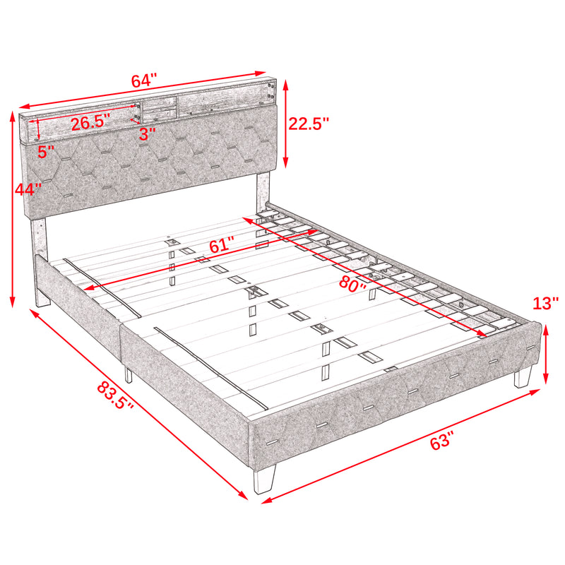 Queen Size Bed Frame, Shelf Upholstered Headboard, Platform Bed with Outlet & USB Ports, Wood Legs, No Box Spring Needed, Easy Assembly, Grey