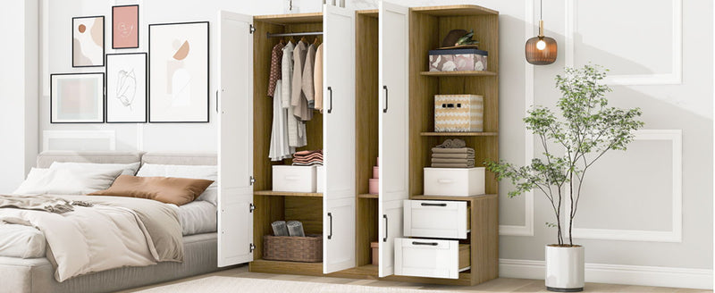 3 Door Storage Wardrobe For Dedroom With Shelves And 2 Drawers, Side Storage Shelves