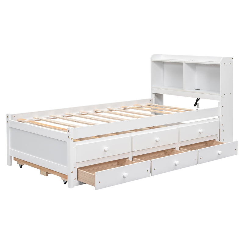 Twin Size Bed with  built-in USB ,Type-C Ports, LED light, Bookcase Headboard, Trundle and 3 Storage Drawers, Twin Size Bed with  Bookcase Headboard, Trundle and Storage drawers  ,White