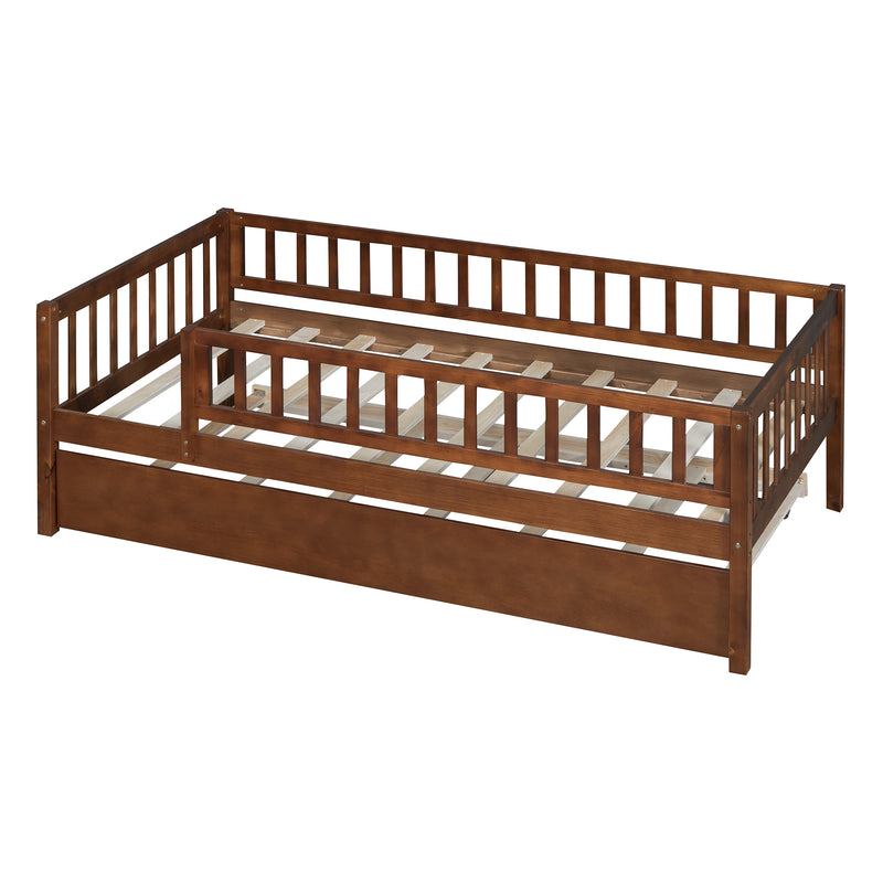 Twin Size Wood Daybed with Trundle and Fence Guardrails, Walnut