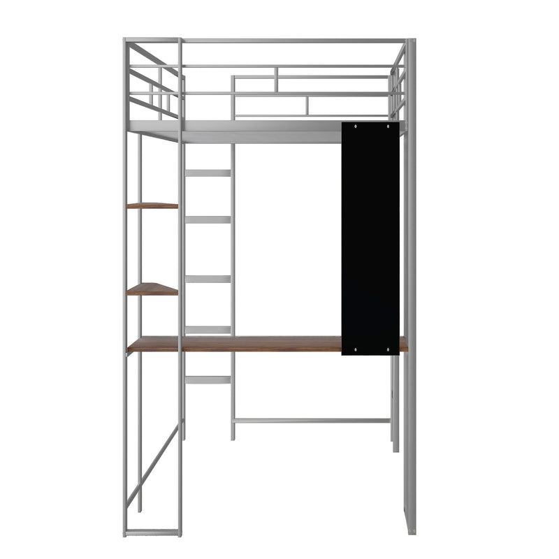 Twin Metal Loft Bed with 2 Shelves and one Desk ,Silver(Old SKU: MF281206AAN)