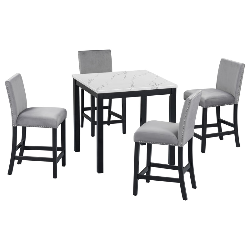 5-Piece Counter Height Dining Table Set With One Faux Marble Top Dining Table And Four Velvet Upholstered Chairs