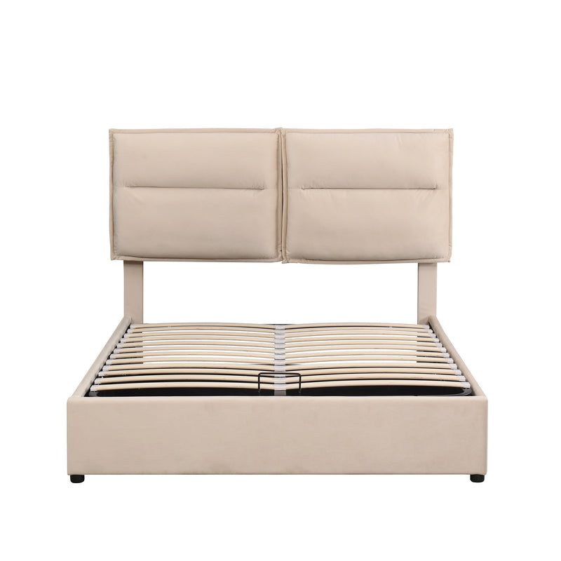 Upholstered Platform bed with a Hydraulic Storage System, Full size, Beige