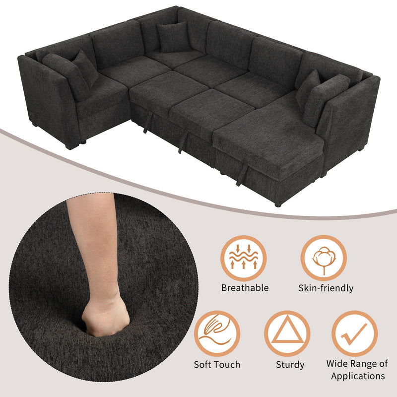 U-Shaped Sectional Sofa Pull Out Sofa Bed With Two USB Ports, Two Power Sockets, Three Back Pillows And A Storage Chaise For Living Room