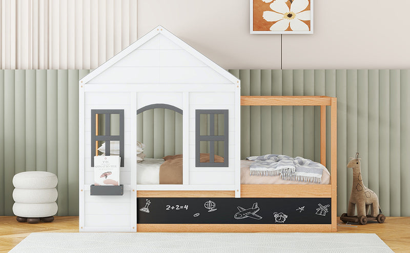 Twin Size House Shaped Canopy Bed with Black Roof and White Window,Blackboard and Little Shelf, White(Old SKU: WF294051AAK)