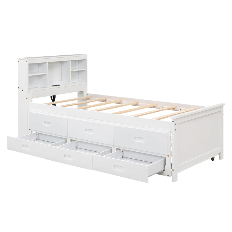 Twin Size Platform Bed with Storage Headboard, USB, Twin Size Trundle and 3 Drawers, White