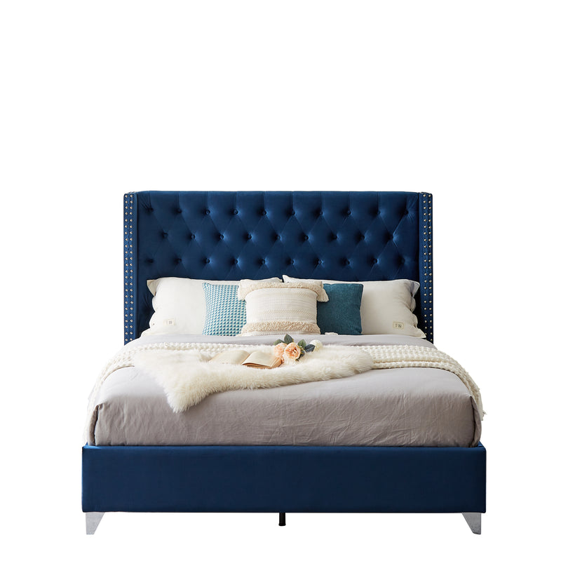 B100S Queen bed, Button designed Headboard,strong wooden slats + metal legs with Electroplate