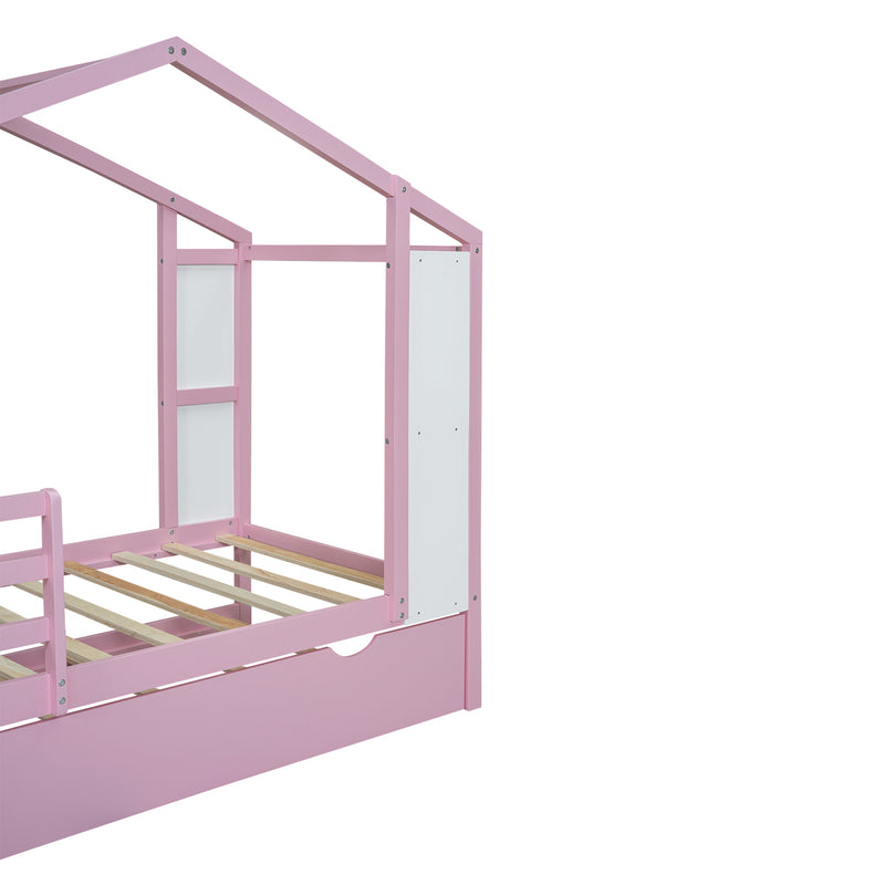 Twin Size Wood House Bed with Fence and Writing Board,Pink