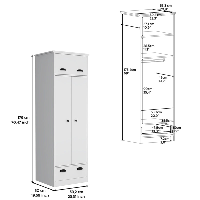 Dresser Closet With Upper Storage Covered With 1 Door, 2 Central Shelves, 1 Tube For Hanging Clothes Covered By 2 Doors, 1 Drawer At The Bottom - White