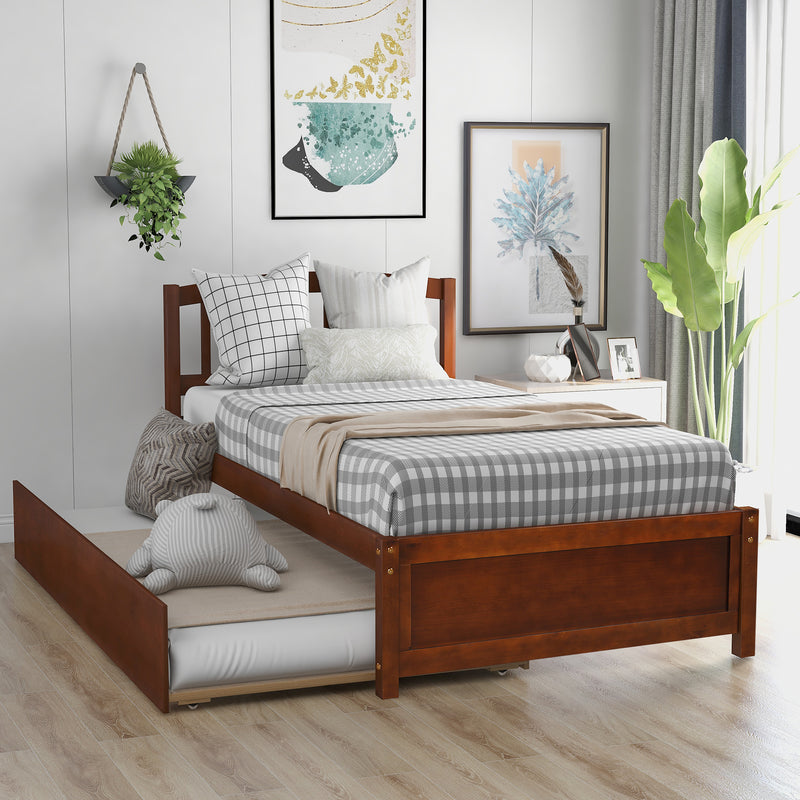 Twin size Platform Bed Wood Bed Frame with Trundle, Walnut