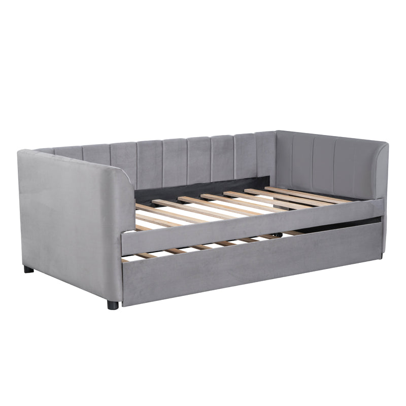 Twin Size Upholstered Daybed with Ergonomic Design Backrest and Trundle, Gray