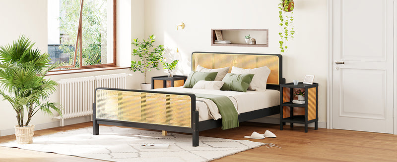 3 Pieces Rattan Platform Full Size Bed With 2 Nightstands,Espresso