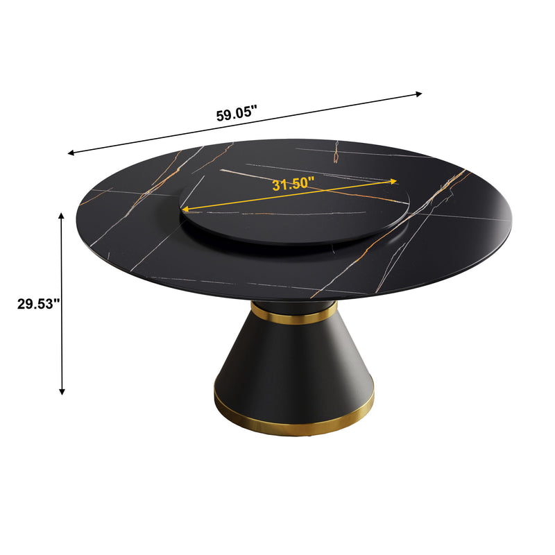 Modern Artificial Stone Round Carbon Steel Base Dining Table, Can Accommodate 6 People Artificial Stone Turntable - Black