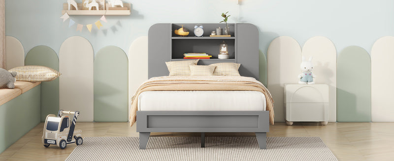 Twin Size Platform Bed with Storage Headboard,Multiple Storage Shelves on Both Sides,Grey