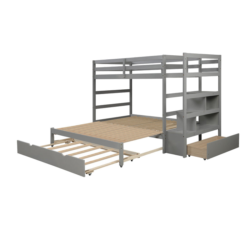 Twin over Twin/King (Irregular King Size) Bunk Bed with Twin Size Trundle, Extendable Bunk Bed   (Gray)(OLD SKU :LP000032AAE)