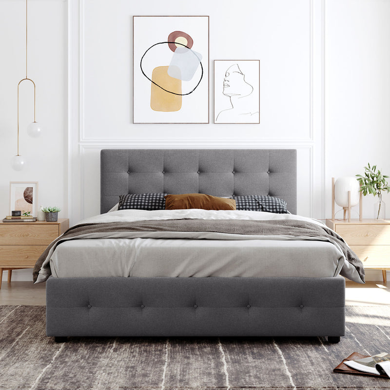 Upholstered Platform Bed with Classic Headboard and 4 Drawers, No Box Spring Needed, Linen Fabric, Queen Size Light Gray