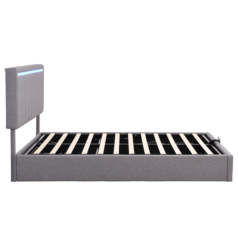 Queen Size Upholstered Platform Bed with Hydraulic Storage System, LED Light, and a set of USB Ports and Sockets, Linen Fabric, Gray