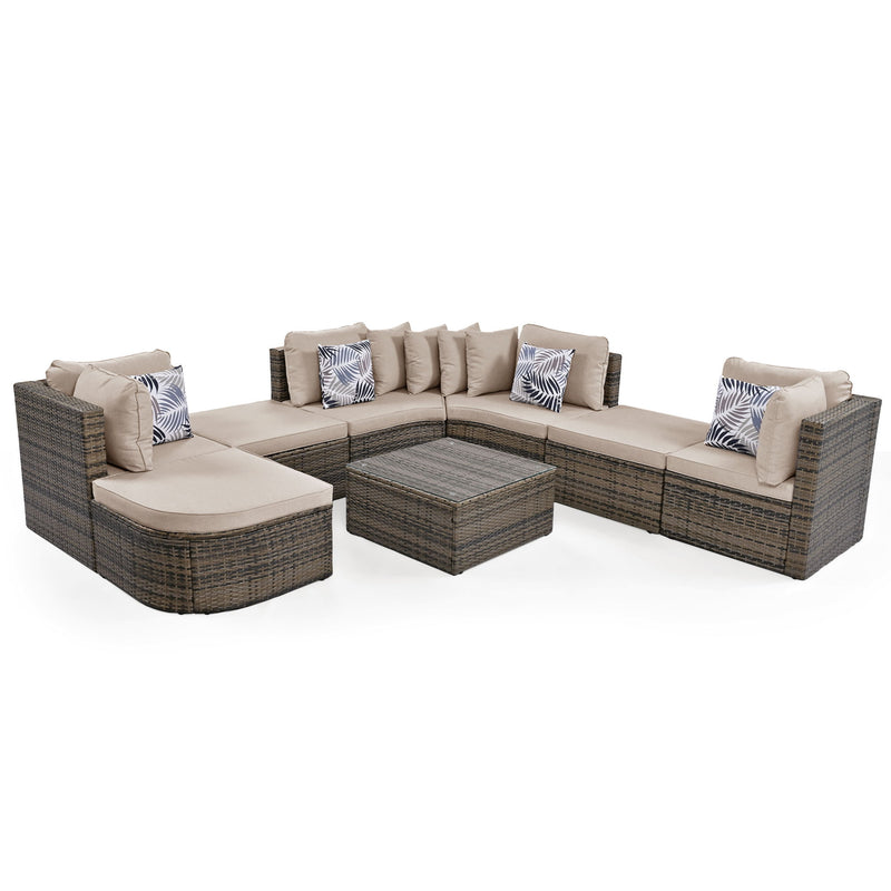 8 Piece Outdoor Wicker Sofa Set, Rattan Sofa Lounger, With Colorful Pillows, Conversation Sofa, For Patio, Garden, Deck - Brown / Beige