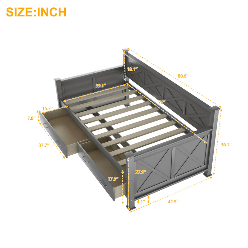 Twin Size Daybed with 2 Large Drawers, X-shaped Frame, Modern and Rustic Casual Style Daybed, Gray